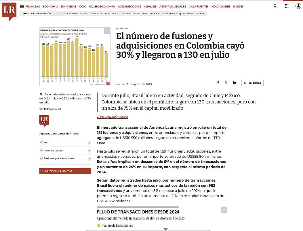 El nmero de fusiones y adquisiciones en Colombia cay 30% y llegaron a 130 en julio
